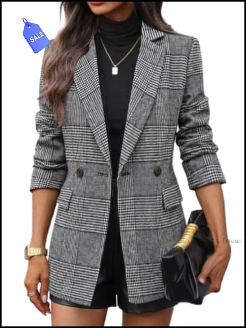 Double-Breasted Tweed Plaid Blazer Long Slim Fit Womens Office